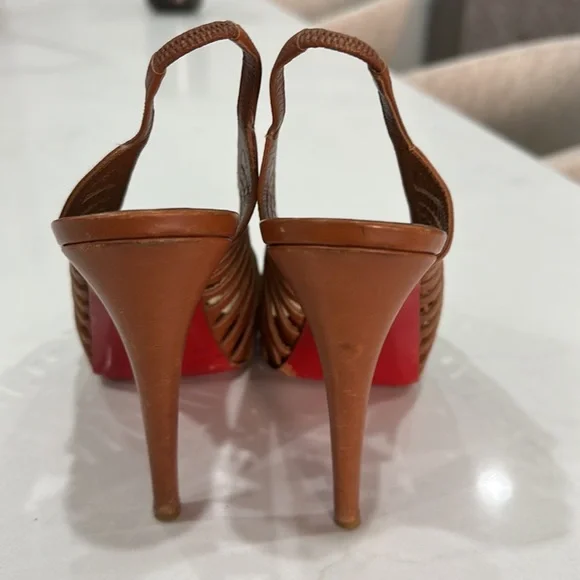 Christian LouboutinTan Leather Cut Out Peep Toe Platform Slingback Sandals